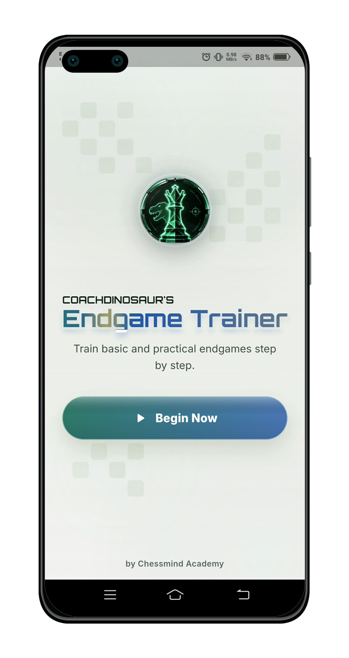 Coach Dinosaur application splash screen showing chess piece logo on a light mobile background